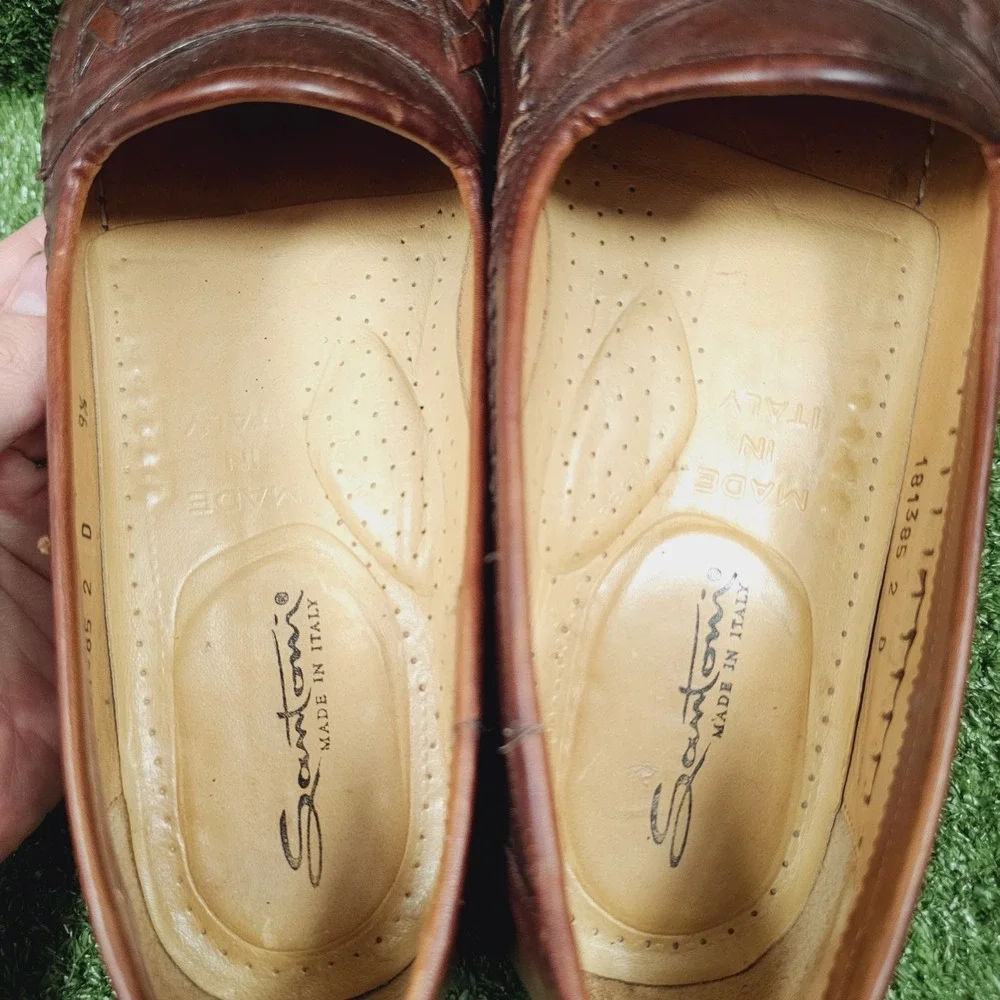 Santoni Woven Brown Leather Slip On Dress Penny Loafers Mens Size 9.5